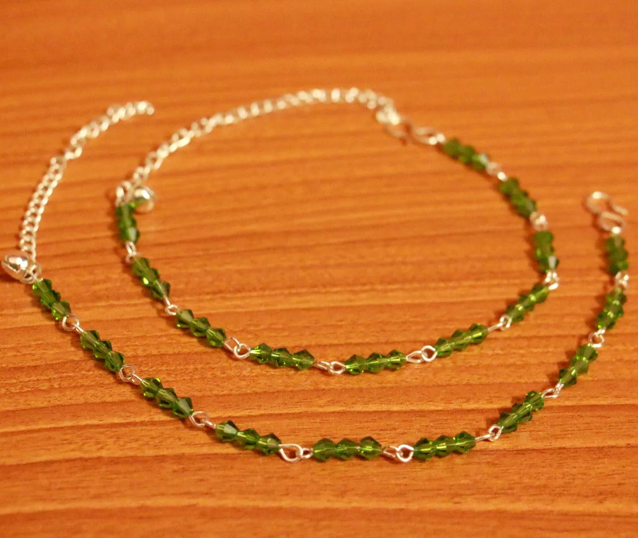 Green Crystal Beaded Silver Plated Anklets