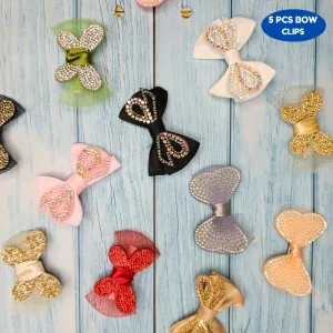Handmade Rhinestone Embellished bow for girls Hair clip (Pack of 5, Random Design & color)
