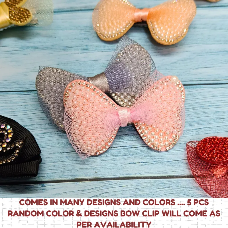 Handmade Rhinestone Embellished bow for girls Hair clip (Pack of 5, Random Design & color)