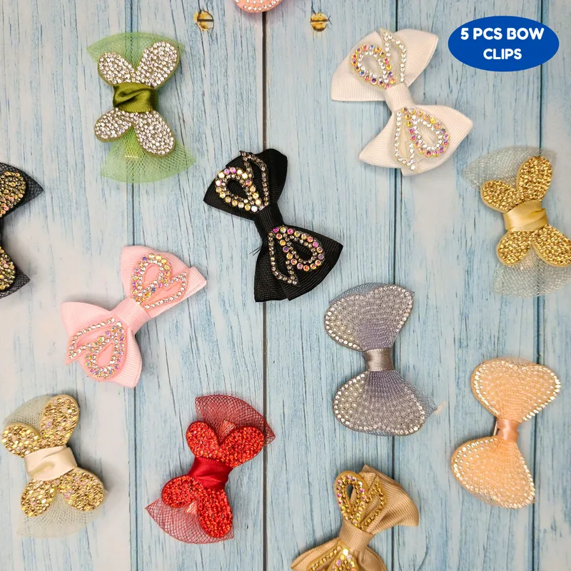 Handmade Rhinestone Embellished bow for girls Hair clip (Pack of 5, Random Design & color)