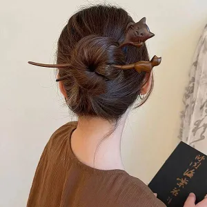 Handmade Wooden Cute Cat Hairpin