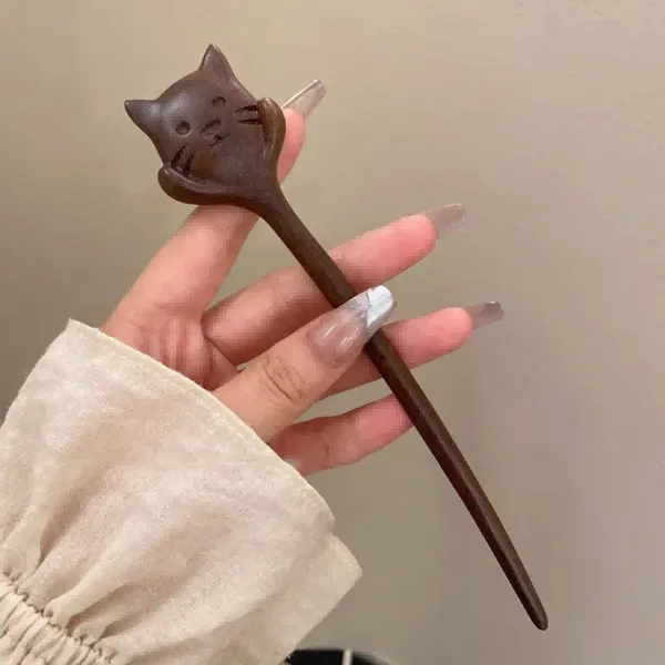 Handmade Wooden Cute Cat Hairpin