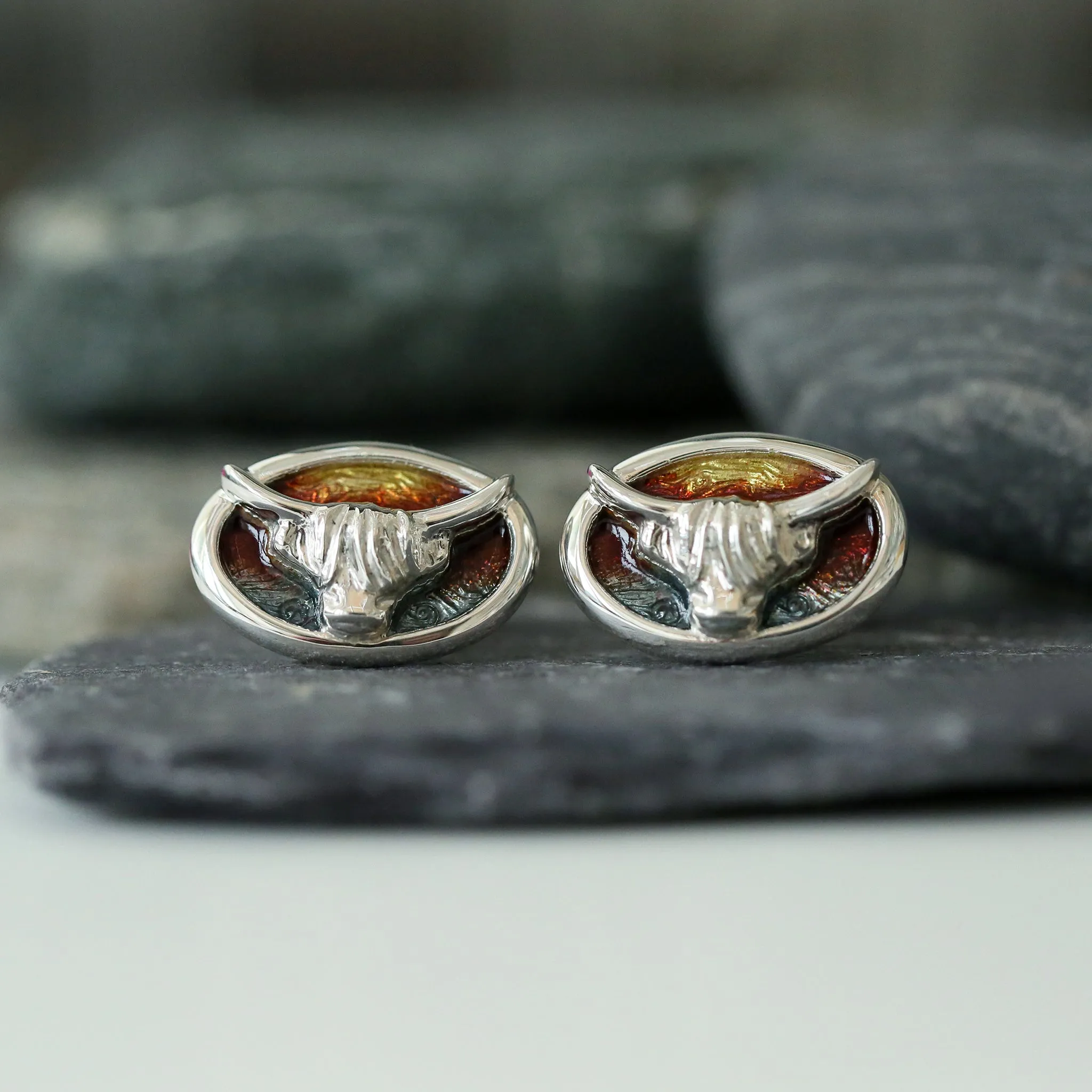 Highland Cow Oval Cufflinks in Sunset Enamel