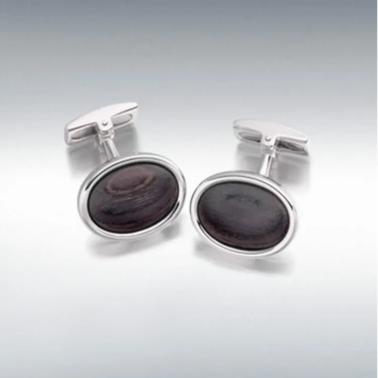 Hoxton London Men's Sterling Silver Ebony Wood Oval Cufflinks
