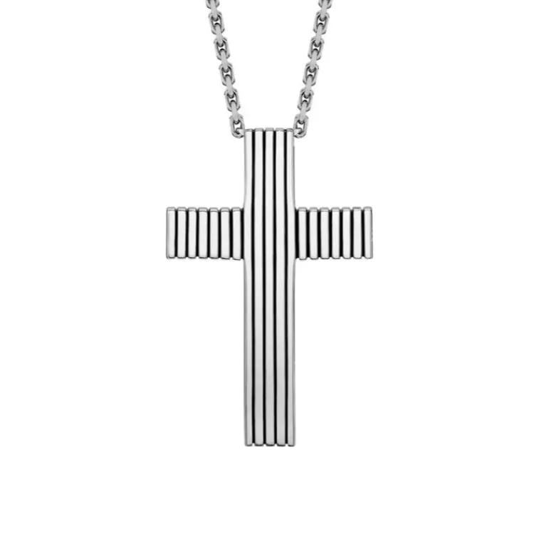Hoxton London Mens Sterling Silver Striped Cross Adjustable Necklace