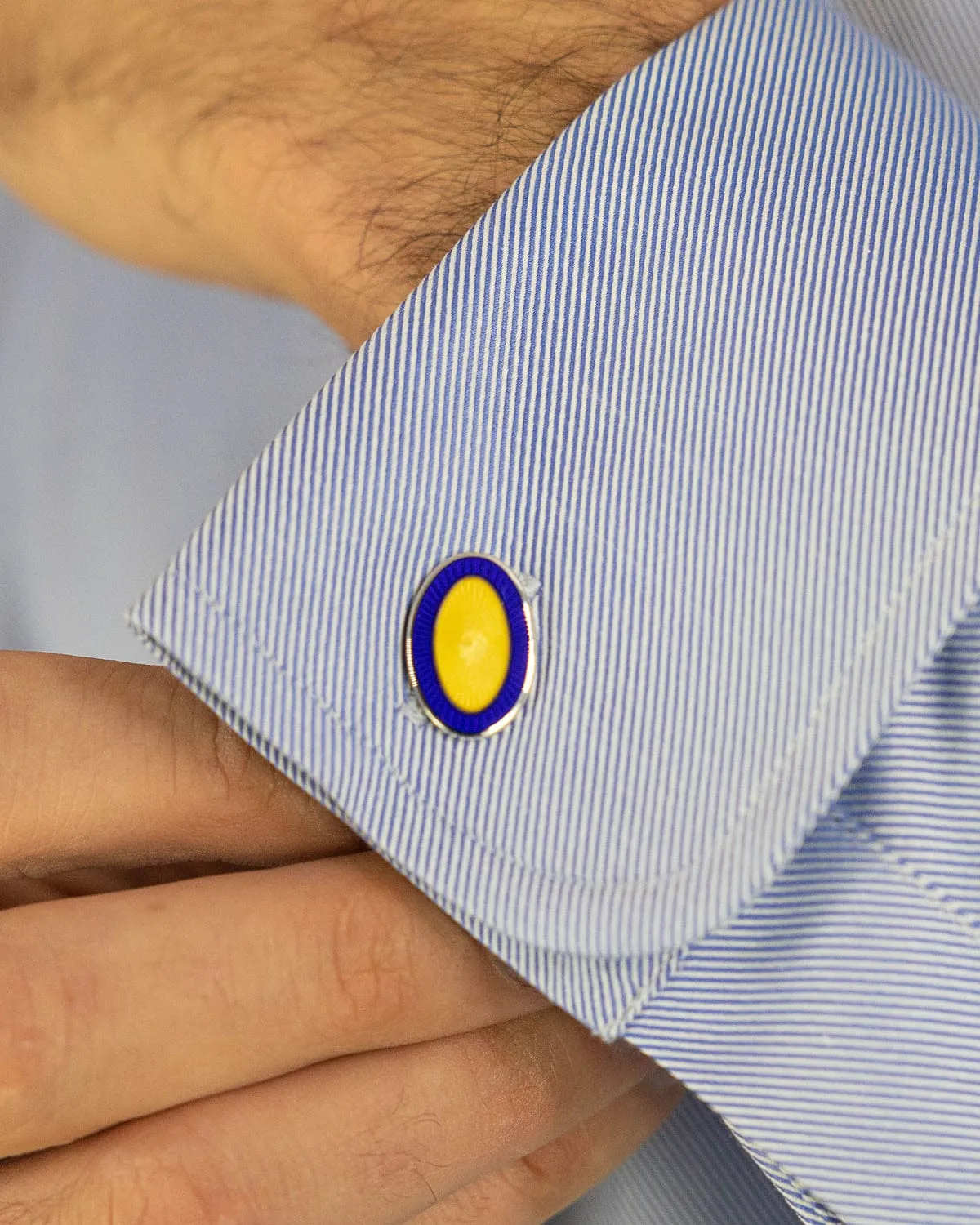 Longmire Sterling Silver Double Oval Blue & Yellow Enamel Cufflinks