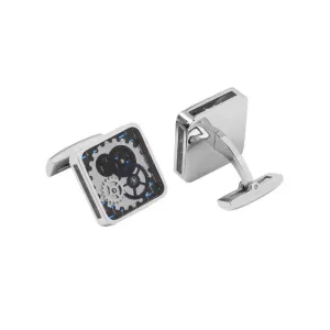 Mechanical Watch Stainless Steel Cufflinks with Carbon Fiber Background and Silver &amp; Black Wheels
