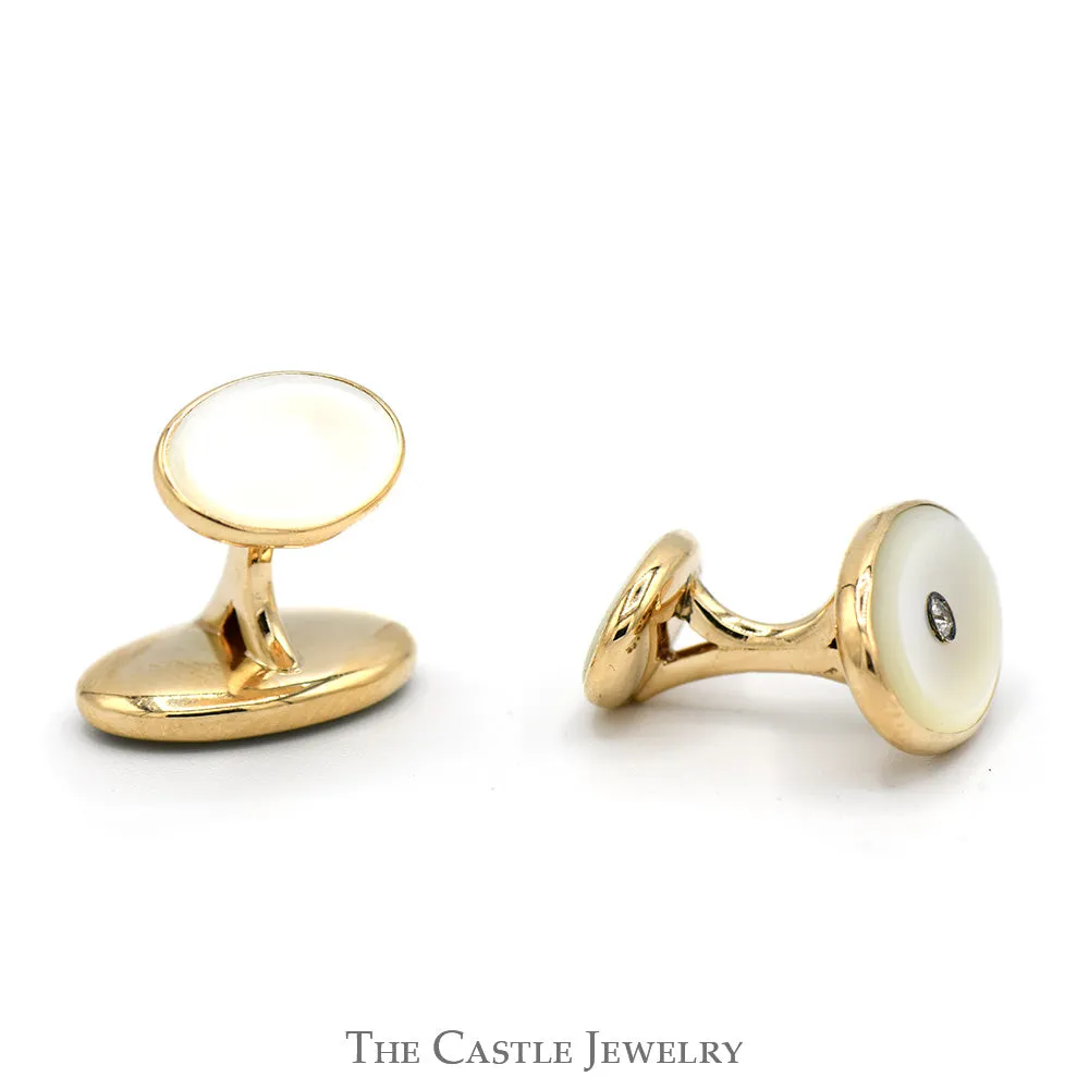 Oval Mother of Pearl Cufflinks with Bezel Set Diamond Accents in 14k Yellow Gold
