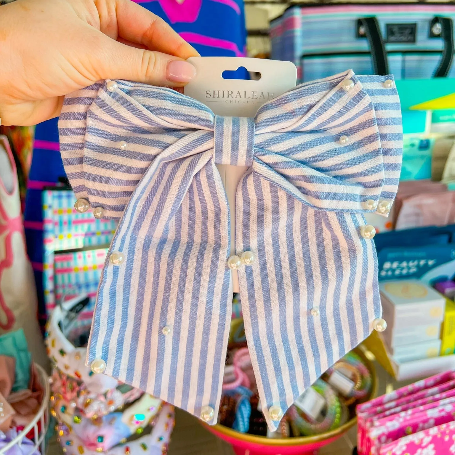 Pearls and Stripes Bow Clip - Blue