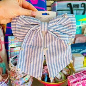 Pearls and Stripes Bow Clip - Blue