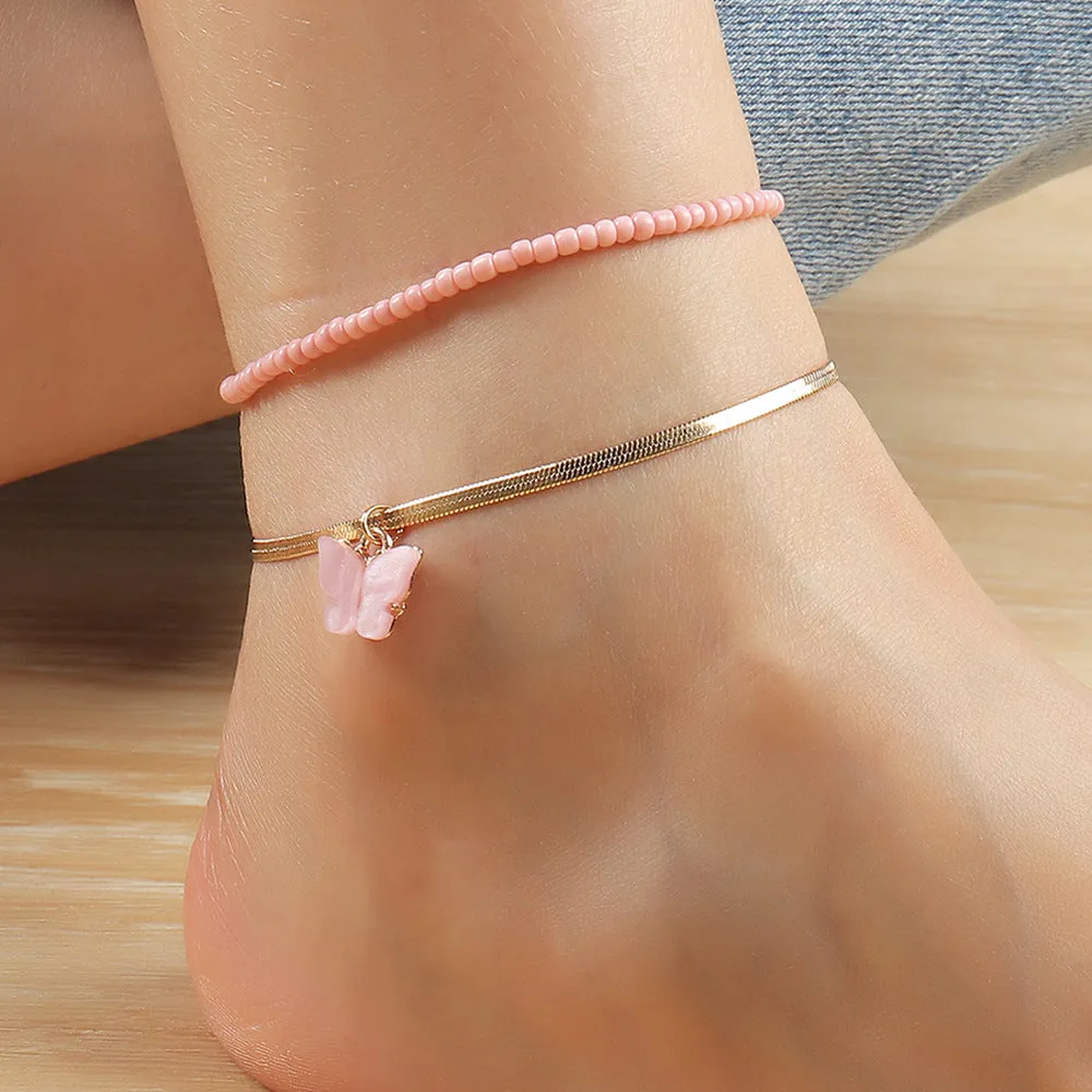 Personality Creative Trend Rice Bead Anklet Lock Pendant Hand-woven Anklet