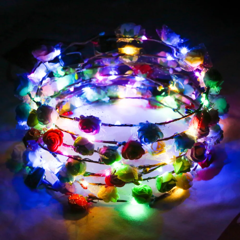 PROLOSO LED Lights Hair Flower Crown Set Light Up Foam Flower Wreath Headband Hair Barrettes Kit Glow in The Dark Headpiece Headdress Flash Braid Party Supplies 15 Pcs