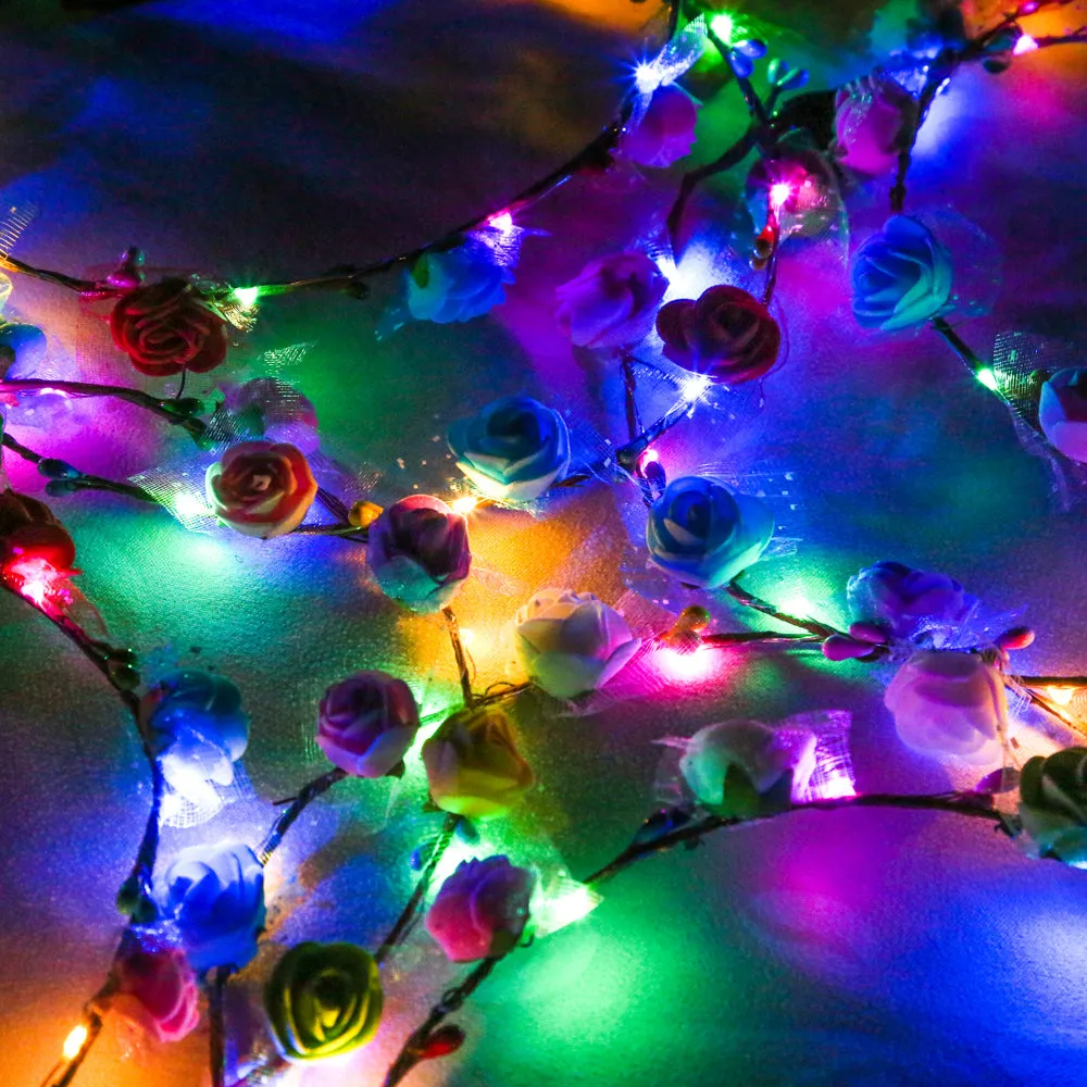 PROLOSO LED Lights Hair Flower Crown Set Light Up Foam Flower Wreath Headband Hair Barrettes Kit Glow in The Dark Headpiece Headdress Flash Braid Party Supplies 15 Pcs