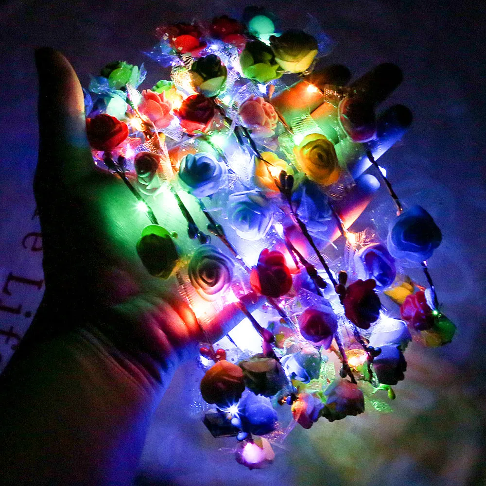 PROLOSO LED Lights Hair Flower Crown Set Light Up Foam Flower Wreath Headband Hair Barrettes Kit Glow in The Dark Headpiece Headdress Flash Braid Party Supplies 15 Pcs