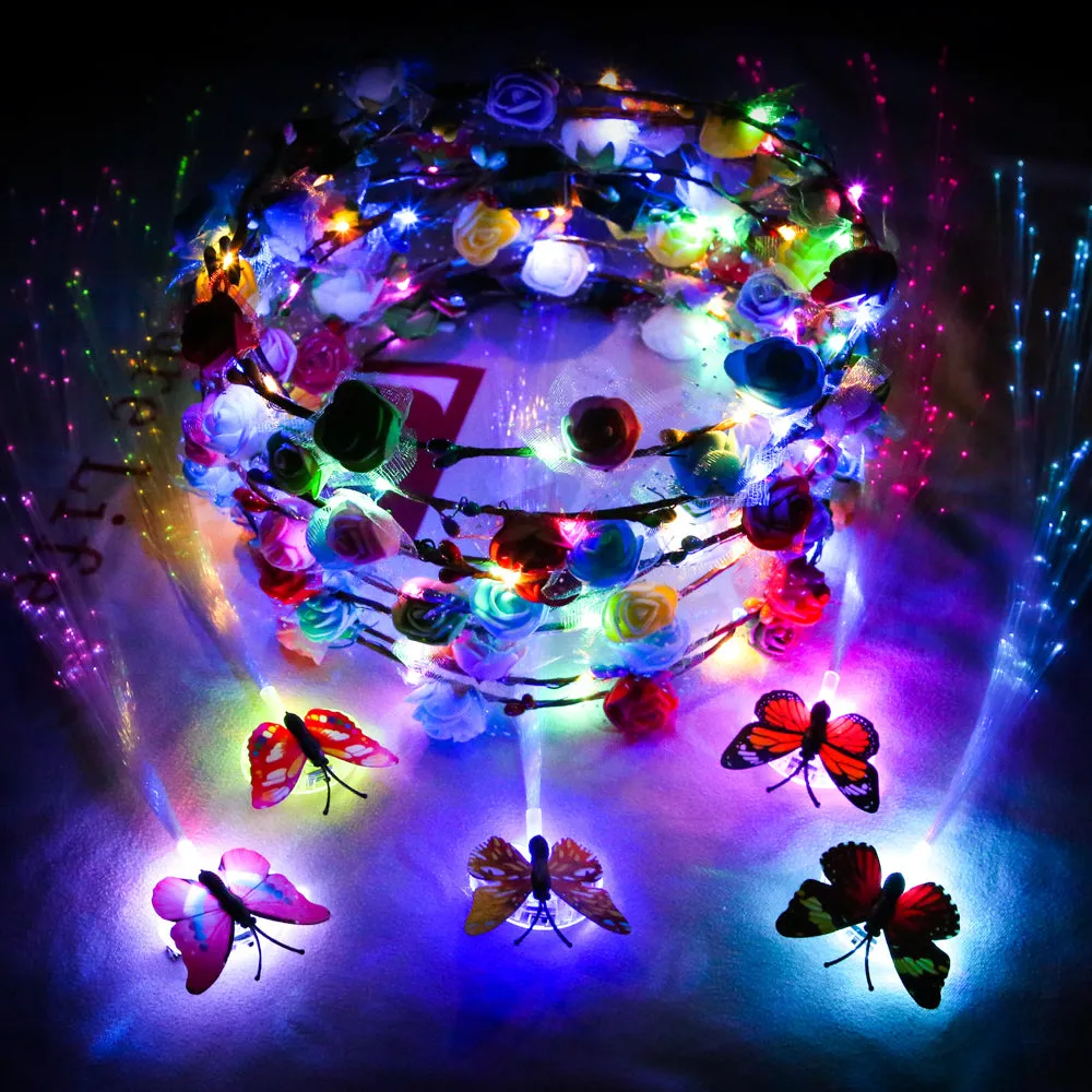 PROLOSO LED Lights Hair Flower Crown Set Light Up Foam Flower Wreath Headband Hair Barrettes Kit Glow in The Dark Headpiece Headdress Flash Braid Party Supplies 15 Pcs