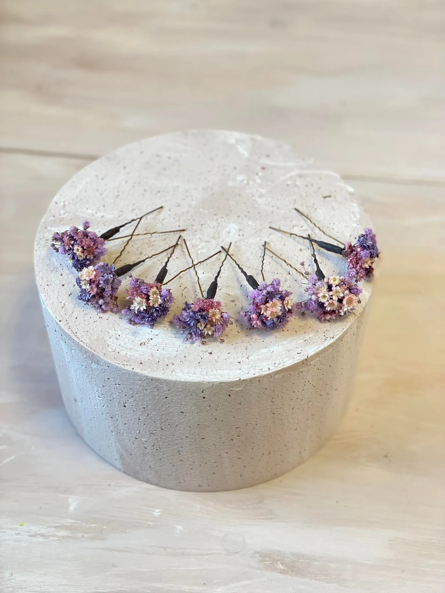 Purple and pink dried flower hairpins