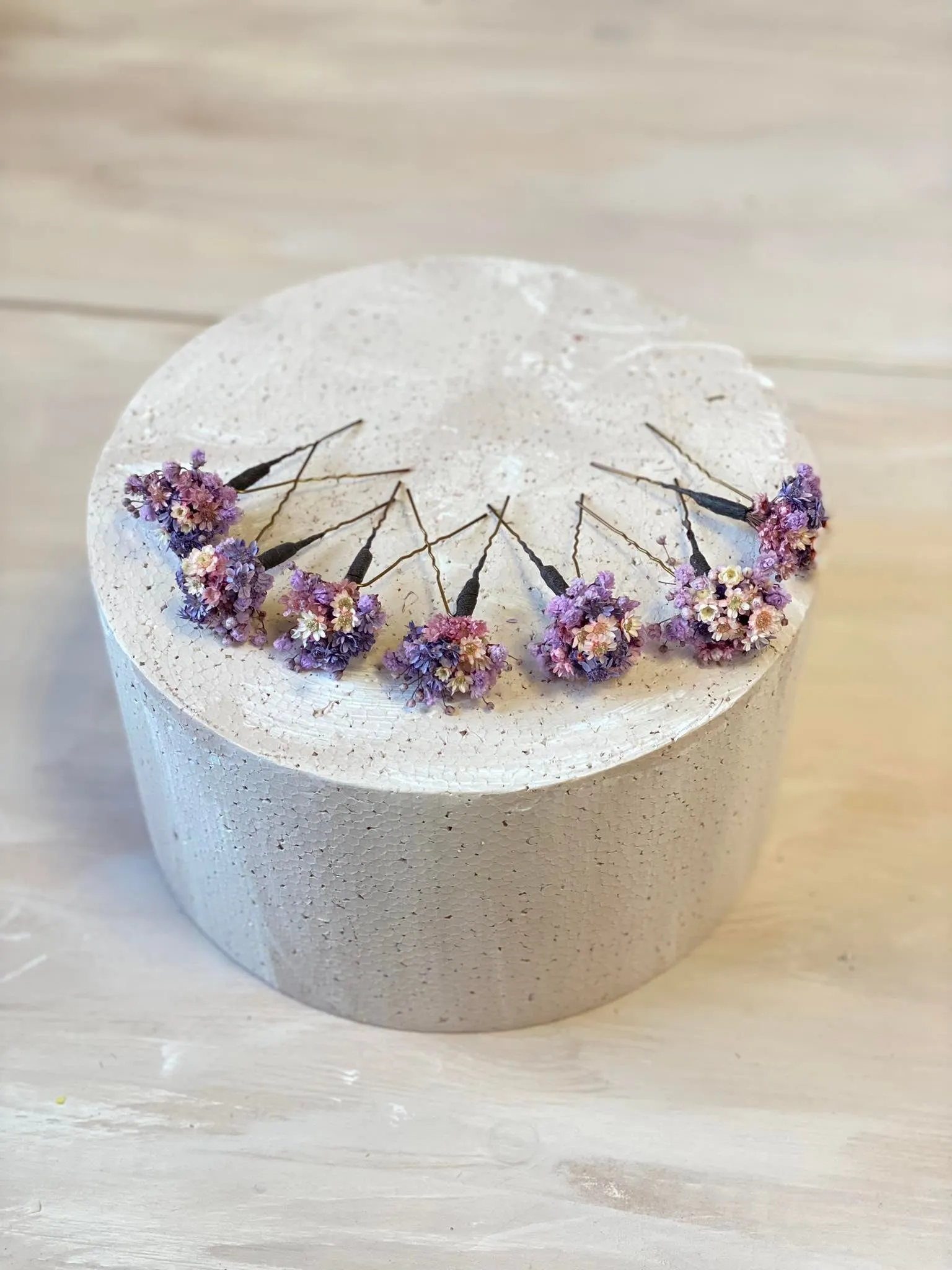 Purple and pink dried flower hairpins