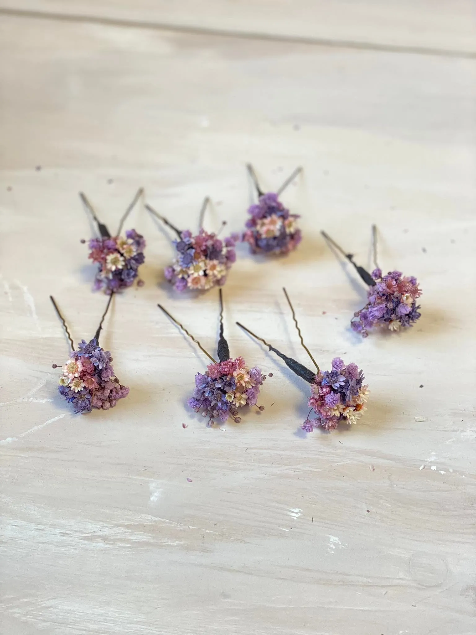 Purple and pink dried flower hairpins