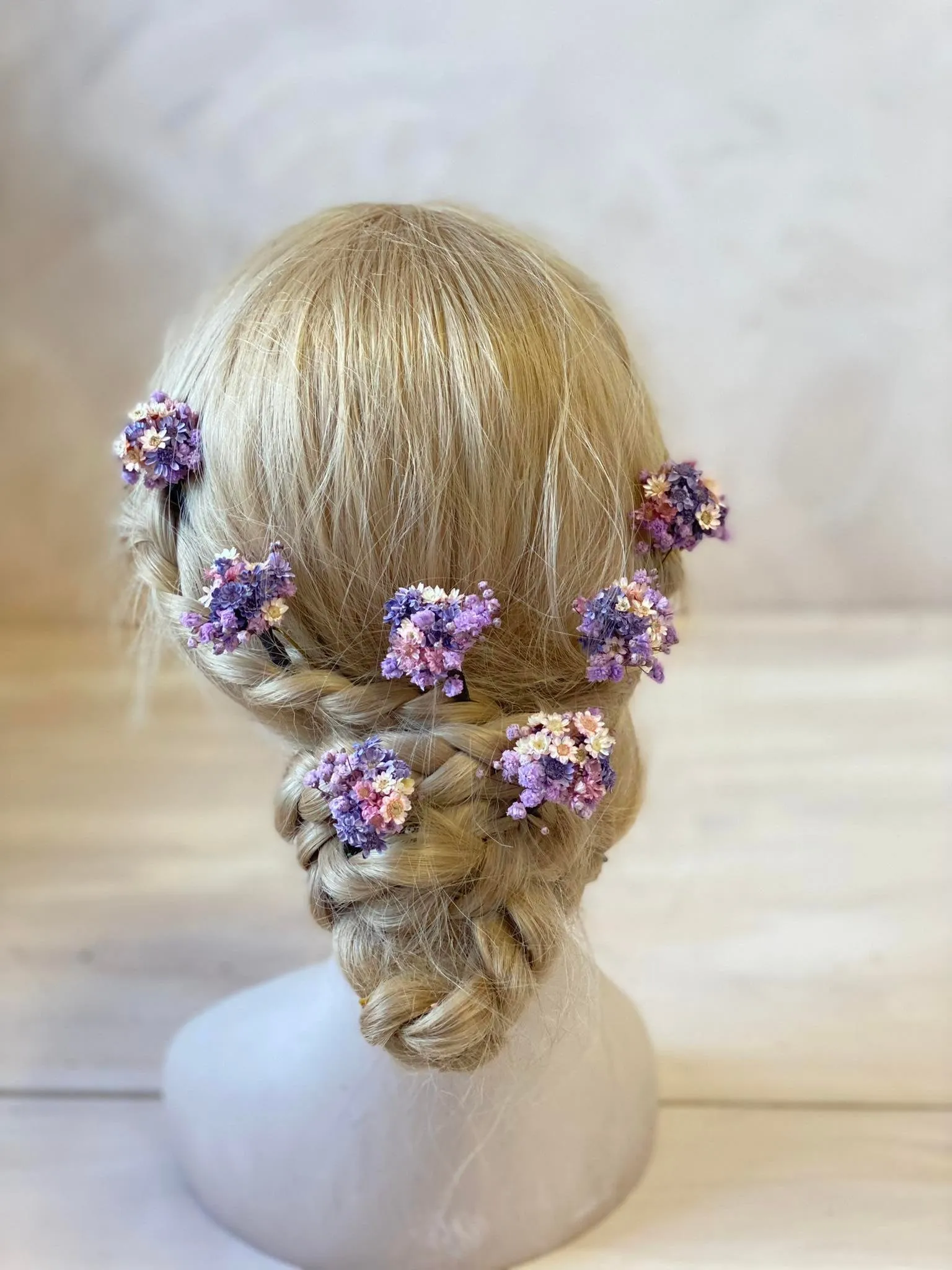 Purple and pink dried flower hairpins