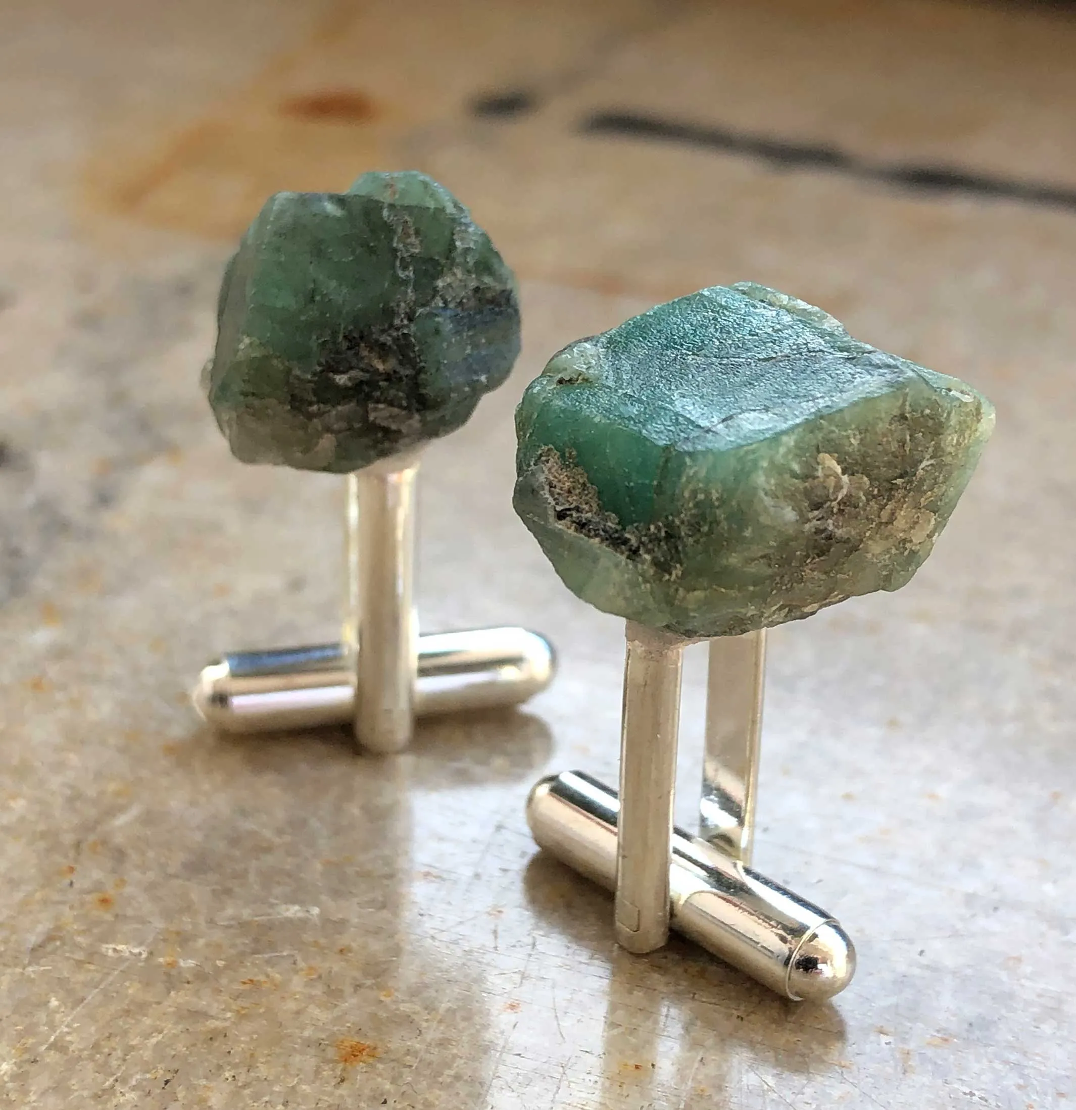 Raw Emerald Crystal Cufflinks, green beryl stone cufflinks