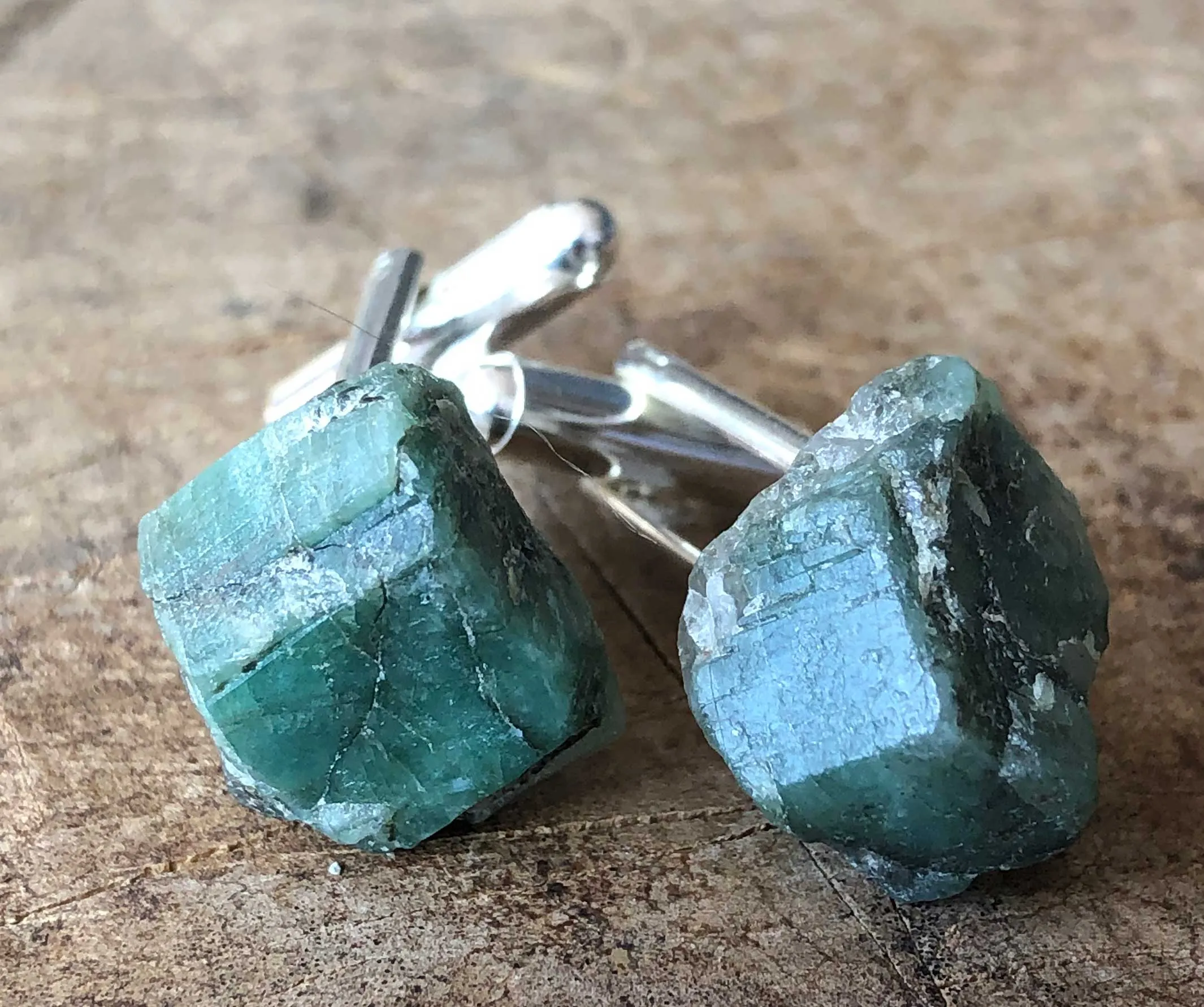 Raw Emerald Crystal Cufflinks, green beryl stone cufflinks