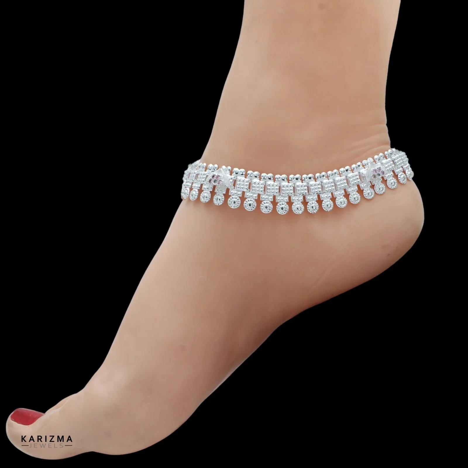 Real Silver Indian women pink white CZ Anklets Ankle Pair 10.3"