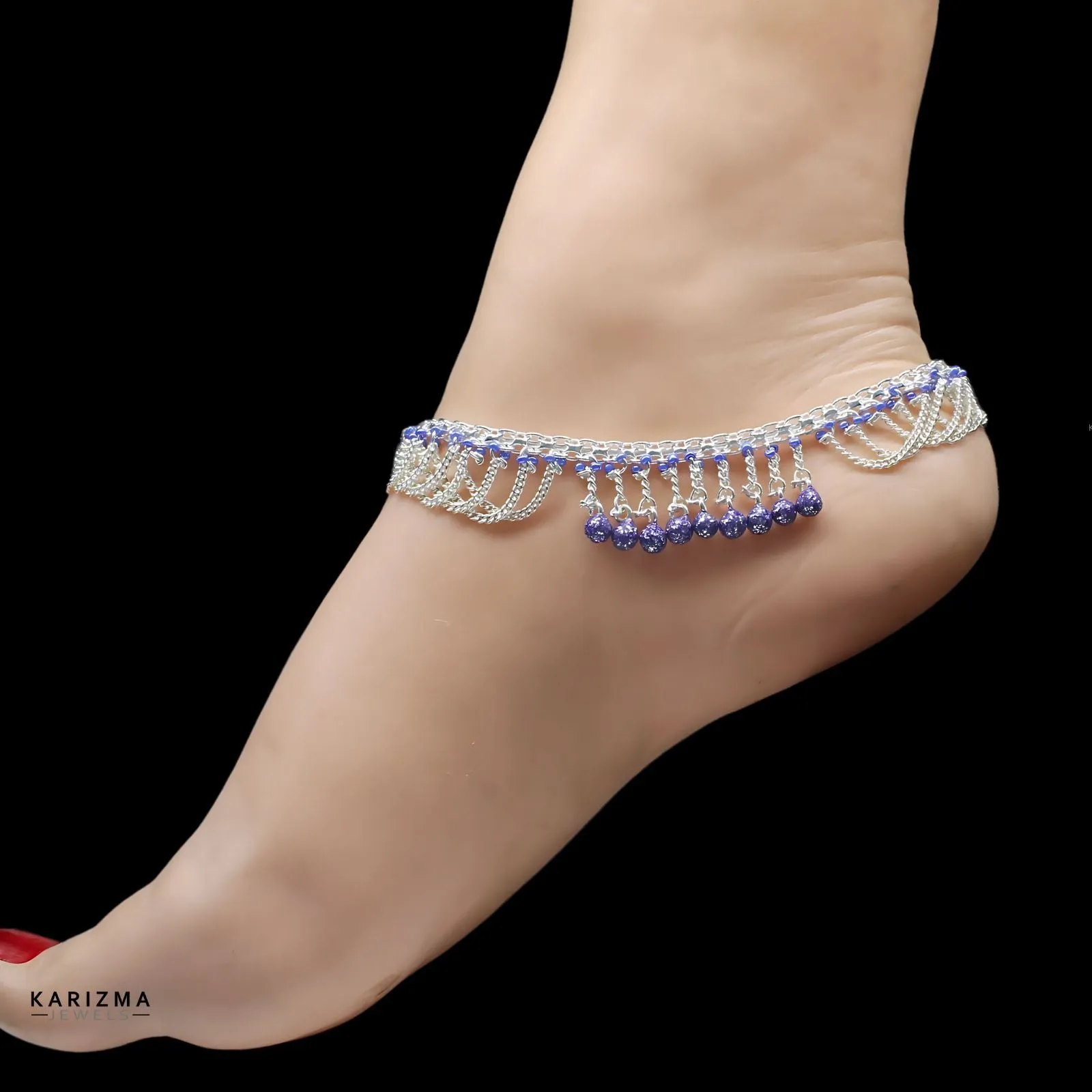 Real Sterling Silver Violet Beads Indian women Jhallar Anklets Ankle Pair 10.5"