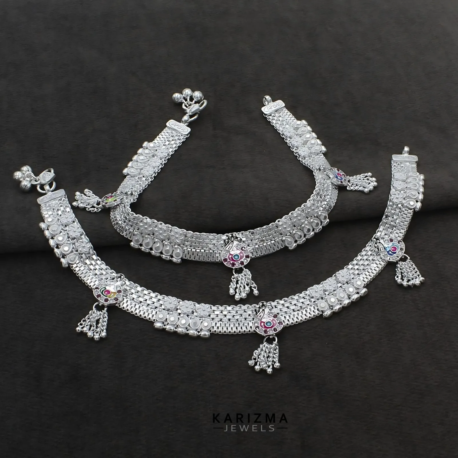 Real Sterling Silver women party wear pink white CZ Anklets Ankle Pair 10.3"