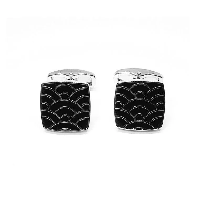 Rhodium Plated Black Cloisonne Enamel Square Cufflinks
