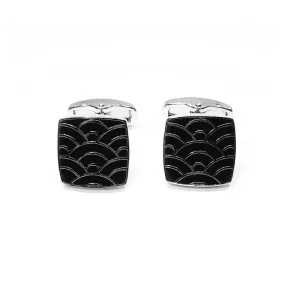 Rhodium Plated Black Cloisonne Enamel Square Cufflinks