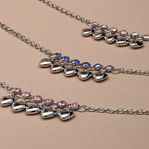 Silver coloured anklets in assorted Flower, Heart and Star designs with bell detail.