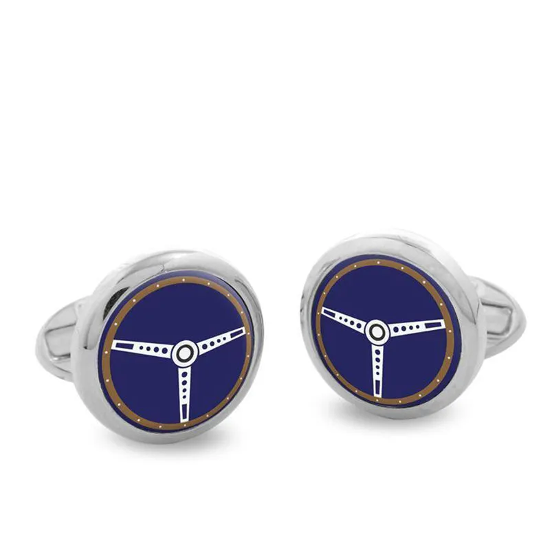 Silver Steering Wheel Enamel Cufflinks