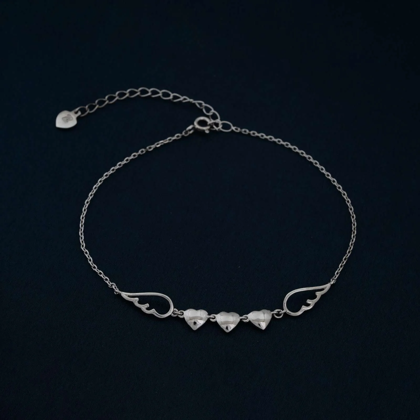 Silver Triplet Heart & Wings Anklet