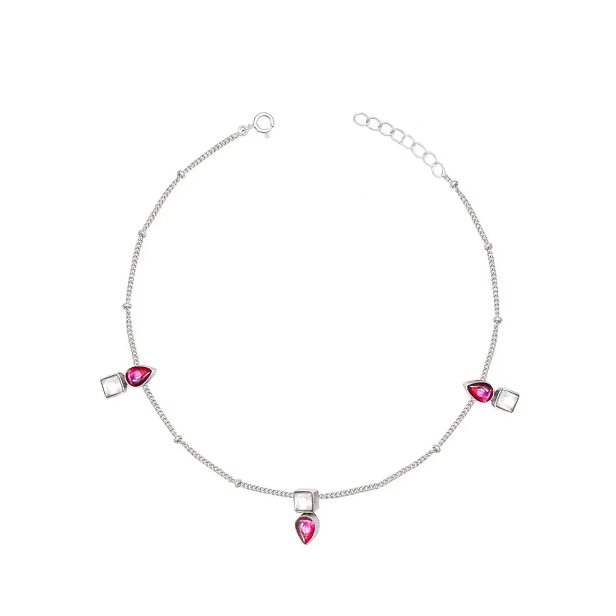 Single 92.5 Sterling Silver Anklet With Square And Drop Stones