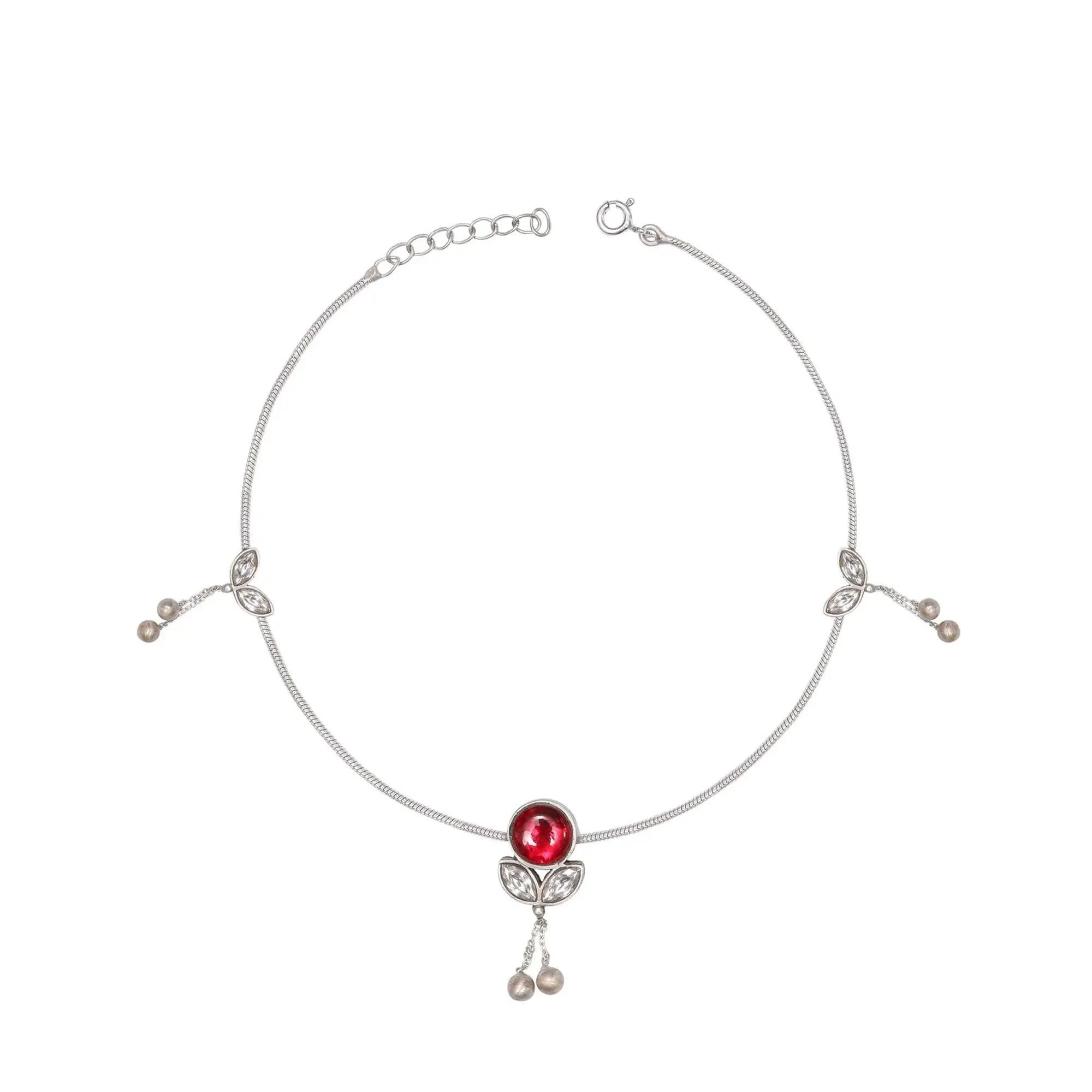 Single Big Red Kundan with Small Beads Hangings Silver Anklets