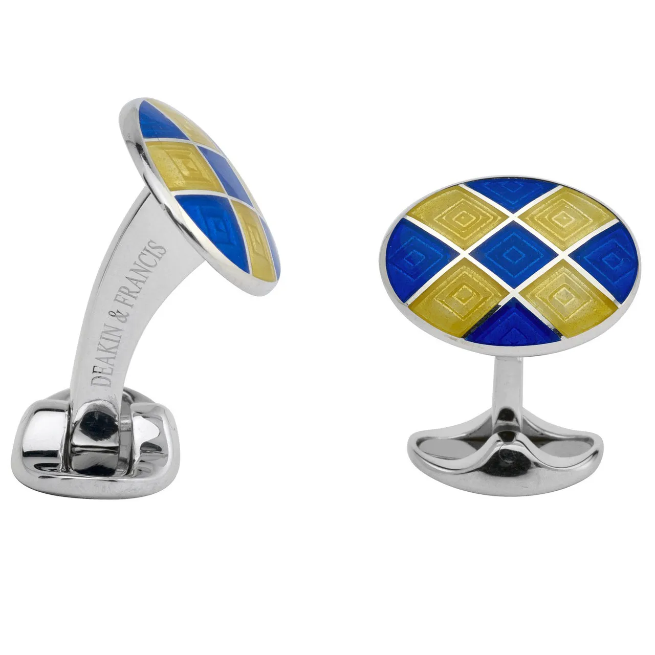 Sterling Silver Royal Blue & Bright Yellow Patterned Enamel Cufflinks