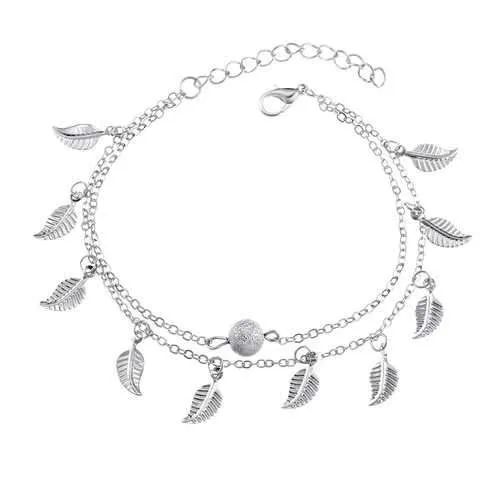 Trendy Silver Gold Color Leaf Pendant Anklet Double Layer