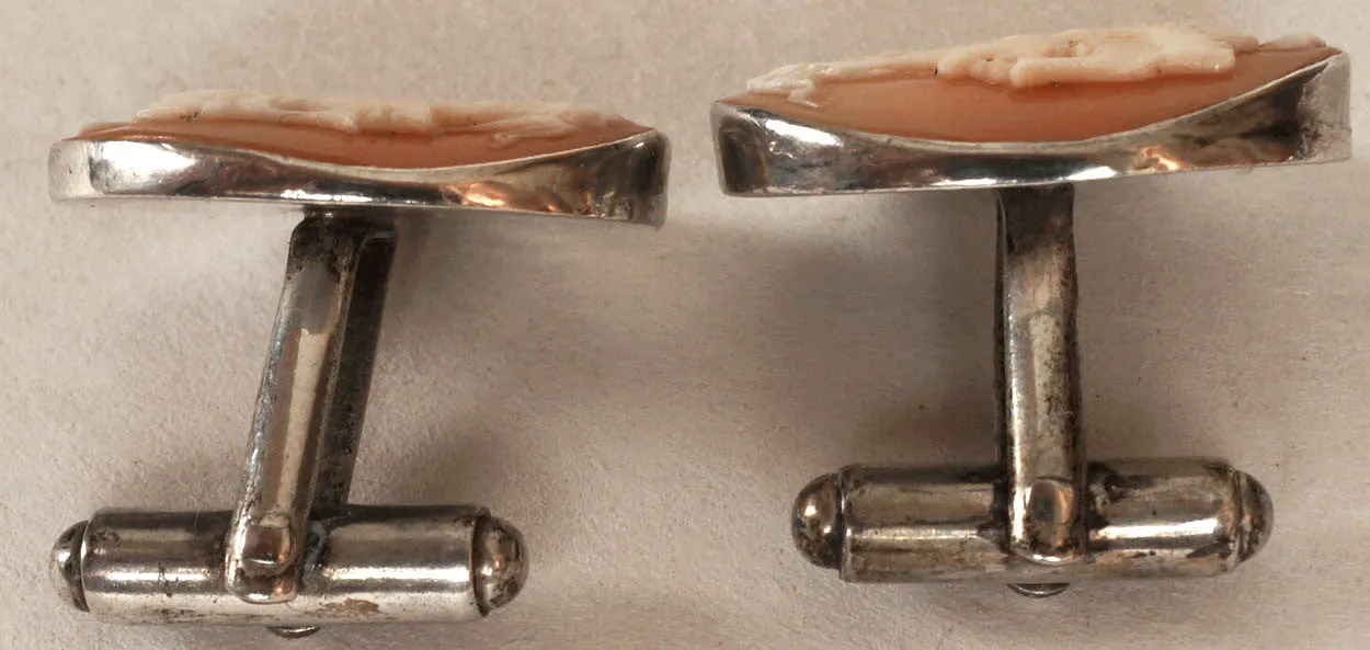 Vintage Silver & Carved Cameo Cufflinks with Amazon Centurion Design