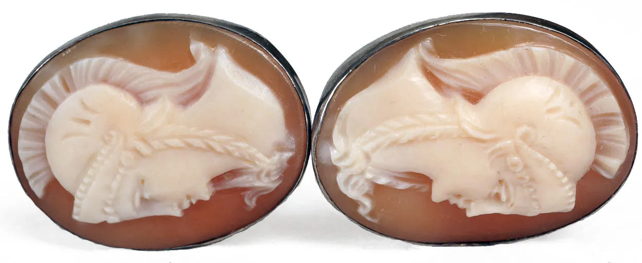 Vintage Silver & Carved Cameo Cufflinks with Amazon Centurion Design